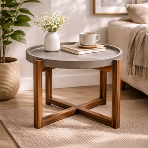 Table basse industrielle en béton avec pieds en bois d'acacia, design moderne, rangement, meuble durable pour salon - Product Image 1