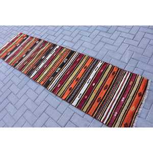 Vintage Kilim Rug 2.1x8.4 ft, <b>Red</b> Black Bordered <b>Wool</b> Turkish Rug - Product Image 4