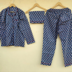 Vestido de noche de algodón puro para mujer, conjunto de pijama de tres piezas con Pijamas largos y cortos, conjuntos de pijama hechos a mano - Product Image 1