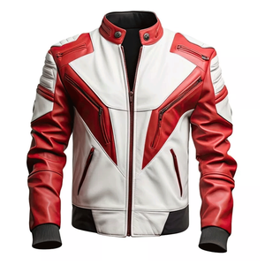 Original Men's <b>Sheepskin</b> Leather Biker <b>Jacket</b> in Red & White Stand Collar Winter Season Coat - Product Image 1