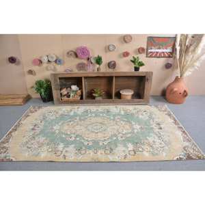 พรมตุรกีวินเทจคลาสสิกสีเบจสีเขียว4.6 x 8.4ft พื้นที่ขนาดใหญ่ขนสัตว์เย็บปะติดปะต่อกันด้วยยางรองสำหรับห้องโถงหรือห้องนอน - Product Image 1