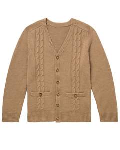 Pull en tricot côtelé beige camel pour homme avec poches avant et fermeture à boutons pour un style décontracté et chaud en hiver - Product Image 1