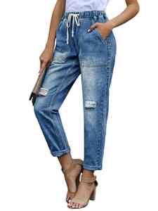 Women's Breathable Cotton Denim Mid-<b>Waist</b> Tapered <b>Jeans</b> Plain Dyed Flat Front with Drawstring <b>Elastic</b> Casual Style PCS-R-129 - Product Image 4