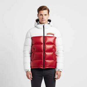 <b>Men's</b> Winter Puffer <b>Jacket</b> <b>White</b> Red Color Block Two-Tone Stand Collar Front Logo Quilted Padded <b>Jacket</b> - Product Image 1