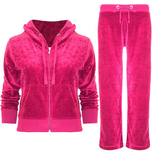 Sweat à capuche en velours avec fermeture éclair et cordon de serrage Pantalon évasé empilé Couleur rose Survêtements en velours Haut court respirant - Product Image 1