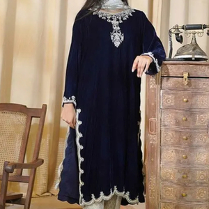 2024 último hermoso trabajo bordado a mano Kurta pantalón Dupatta conjunto adornado cuentas de cristal piedra Dabka trabajo encaje/botón - Product Image 1