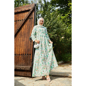Robe à motif floral vert avec liens latéraux, taille empire élastique, respirante, col mandarin vintage, dos nu, pour le printemps et l'automne - Product Image 3