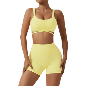Ensemble de yoga pour femmes en spandex/polyester écologique avec logo personnalisé, séchage rapide, respirant, vêtements de sport à taille élastique, uni, 2 pièces - Product Image 1