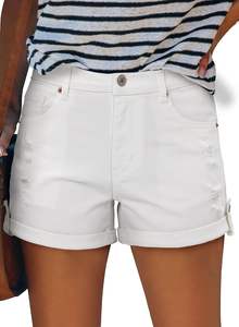 Pantalones cortos de mezclilla para mujer Pantalones cortos de mezclilla rasgados de tiro medio Dobladillo doblado elástico Pantalones vaqueros cortos calientes Cremallera Volar dobladillo de cintura alta 5 bolsillos - Product Image 5