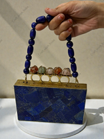 Pochette en mosaïque de pierre Lapis Lazuli avec chaînes, poignée en laiton à quatre doigts, doublure en velours, fermeture magnétique, mode décontractée