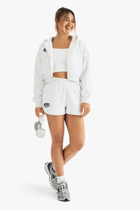 Venta al por mayor Ash Grey Drop Shoulder Mujeres Bordado Boxy Crop Zip Through Hoodie Anti-Arrugas y sudaderas con capucha transpirables para las mujeres - Product Image 6