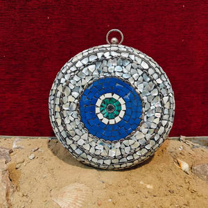 Handcrafted Round Mother of Pearl Mosaic <b>Clutch</b> <b>Bag</b> Luxury Metal Evening Handbag Party Wedding Purse for Women - Product Image 1