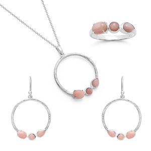 Vintage Collection Solid 925 Sterling <b>Silver</b> Pink Opal Cabochon Gemstone Fine Jewelry <b>Set</b> Earrings <b>Necklace</b> Rings for Women - Product Image 1