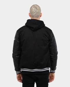 <b>Black</b> Casual Baseball Jacket Hood Windproof Breathable Winter Sport Letterman Button Leather Jacket with Chenille Embroidery - Product Image 3