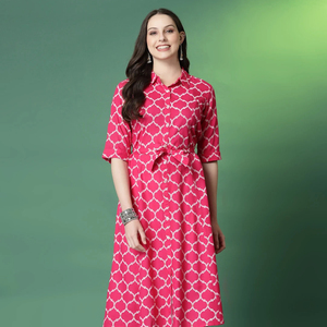 นักออกแบบล่าสุดมีสไตล์อินเดียสไตล์ปากีสถานสีชมพูสวยงามพิมพ์ชุด A-Line Kurti สําหรับผู้หญิงในราคาขายส่ง OEM - Product Image 1