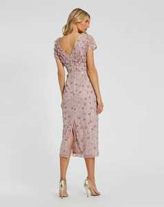 Robe de soirée maxi à col bateau, droite, courte, brodée de perles, à manches courtes, taille naturelle, en crêpe, style de fête, décoration de perles - Product Image 6