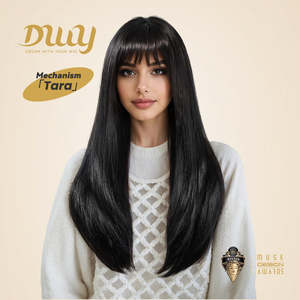 Tara-DWY 26-Inch Women's Machine Made Synthetic <b>Wig</b> Long Silky Straight Chocolate Brown with Highlight Bangs Glueless - Product Image 6