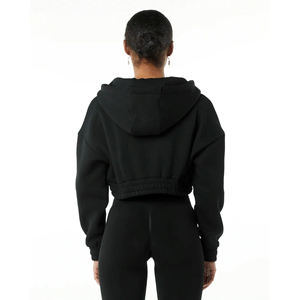 Sweat à capuche zippé court noir personnalisé pour femme, en molleton, manches longues, décontracté, avec ourlet élastique - Product Image 4