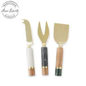 New Design Handcrafted 3piece Stainless Steel Cheese Spreader Set with Wood and Marble Handles Used for Party Wedding Dinner