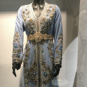 Robe CAFTAN tendance du moyen-orient ornée de perles de verre cristal doré, pierre, travail DABKA @ STYLISH--PARTY-WEAR 2023 - Product Image 1