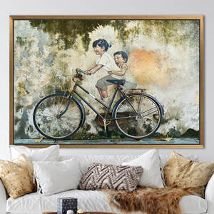 Tableau imprimé sur toile : Graffiti moderne Enfants à vélo, Penang Malaisie, 1P : Cadre doré - Product Image 1