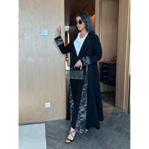 Abaya en jacquard noir à motif feuille de bambou, brodée, ouverte sur le devant, longueur ras du sol, robe modeste, tenue quotidienne du Ramadan, pour femmes musulmanes adultes - Product Image 2