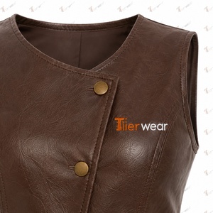 Tiierwear Women's <b>Brown</b> PU Leather Asymmetric <b>Vest</b> With Button Closure Front Logo Outer Wear - Product Image 4