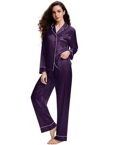 Conjunto de Pijama de Seda Satén Morado para Mujer, Personalizado por el Fabricante, con Botones, Manga Larga, Ropa de Dormir de Lujo, Suave y Brillante, Ropa de Estar por Casa - Product Image 1