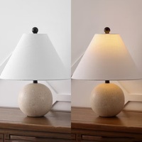 Lámpara de mesa redonda de piedra travertino de lujo con pantalla de tela de lino premium, iluminación ambiental cálida para decoración moderna y elegante