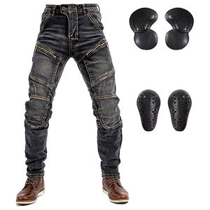 Dark distressed <b>mens</b> denim <b>biker</b> pants with ribbed knee sections and removable CE approved armor customizable OEM service - Product Image 3