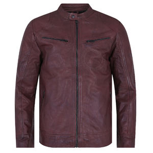 Veste de motard réversible en cuir véritable de mouton avec fermeture éclair, coupe-vent, col montant, doublure matelassée noire, poches, logo sur le devant - Product Image 1