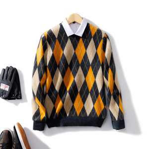 2025 nuevos hombres 100% pura lana diamante Color bloque pulóver estilo suelto tejido Base camisa otoño frente grueso suéter - Product Image 2