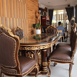 Ensemble de salle à manger en bois sculpté écologique et durable avec table ovale et 7 chaises rembourrées, design moderne pour usage domestique - Product Image 3