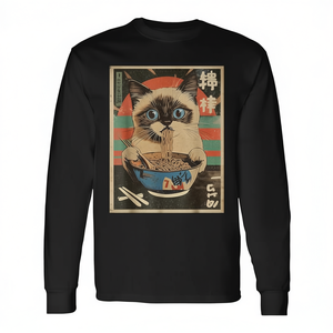 T-shirt à manches longues avec chat siamois kawaii mangeant des nouilles ramen, style anime - Product Image 2