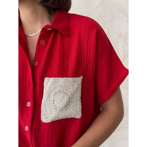 Topshow Women's <b>Red</b> Linen Casual Loose Fit <b>Blouse</b> Shirt with Raw Edge Patch Pockets and Applique Detail for Wholesale - Product Image 4