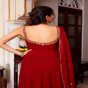 Traditional Yet Trendy 3-Piece <b>Set</b> <b>Mirror</b> Handwork on Faux Georgette, Lined Plazo & Four-Side Lace Dupatta - Product Image 5