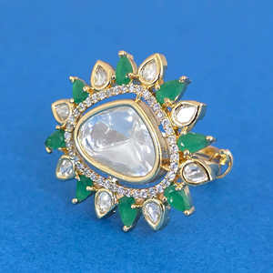 Handmade Adjustable Kundan <b>Ring</b> From India Fashionable Jewelry with Carat Gold Plating - Product Image 1
