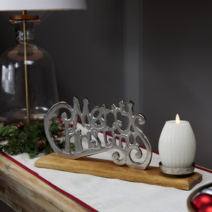 Silver Merry Christmas Metal Letters with <b>Tealight</b> on Wood Base For Home Christmas Decoration & Gifting - Product Image 2