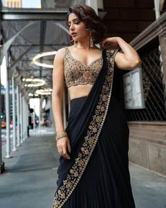 Nuevo diseñador exclusivo suave Georgette Saree dibujado a mano bordado Digital borde Poliéster Viscosa encaje para bodas fiestas para - Product Image 5