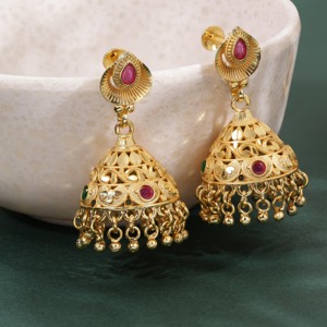 Juego de pendientes Jhumka, Jhumka chapado en oro de latón, pendientes Jhumka de moda, pendientes de lujo, joyería llena de oro Oro Joyeria - Product Image 1
