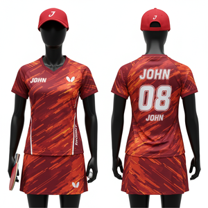 Ensemble de maillots de tennis de table pour femmes, en polyester et élasthanne, respirant, motif graphique rouge avec empiècements latéraux blancs, nom, numéro et logo sublimés - Product Image 1