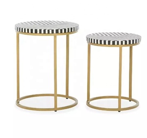 Mesa de centro con incrustaciones de hueso con Base anidada de metal, juego de mesa redonda hecha a mano para sala de estar y decoración interior de lujo - Product Image 1
