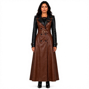Tiierwear <b>Women's</b> Faux Leather Maxi Trench <b>Coat</b> <b>Double</b> <b>Breasted</b> Notched Collar Full Sleeve Windproof Autumn Outerwear - Product Image 1