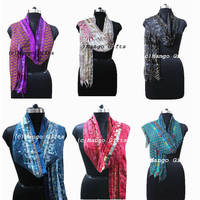 Écharpe en soie recyclée style bohème vintage Sari 70 x 6 pouces, foulards et écharpes de cou hippie, imprimé à la main, style long