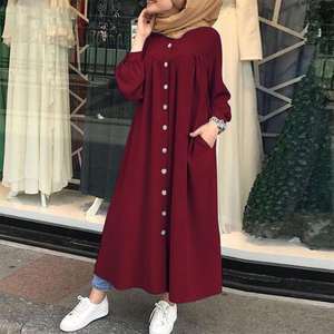 Robe Abaya islamique décontractée ample pour femmes à manches longues col rond avec boucle tissu de couleur unie vêtements ethniques musulmans - Product Image 3