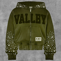 Sudadera con capucha y cremallera para hombre, estilo streetwear de invierno, corte cropped y holgado, 180 GSM, de felpa francesa, con efecto descolorido por el sol, pedrería y lavado ácido, de algodón/bambú