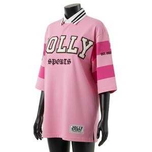 Camiseta de rugby para mujer de mezcla de algodón grueso, duradera, suave, con paneles de rayas rosas en las mangas y logotipo personalizado de sarga. - Product Image 4