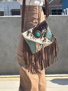 Véritable cuir de vachette fourrure frange sac à main élégant sac à main en cuir cheveux sur cacher Turquoise pierre bohème sacs faits à la main à la vente en gros - Product Image 2