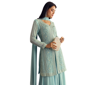 Azul cielo Chinon Kurta Dupatta conjunto con Moti y Cutdana trabajo al por mayor mujeres Ropa Étnica OEM proveedor de fábrica de ropa personalizada - Product Image 3