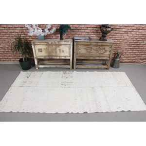 Alfombra Vintage, Alfombra de Lana Kilim Blanca y Azul de 3.5x7.2 pies - Product Image 2